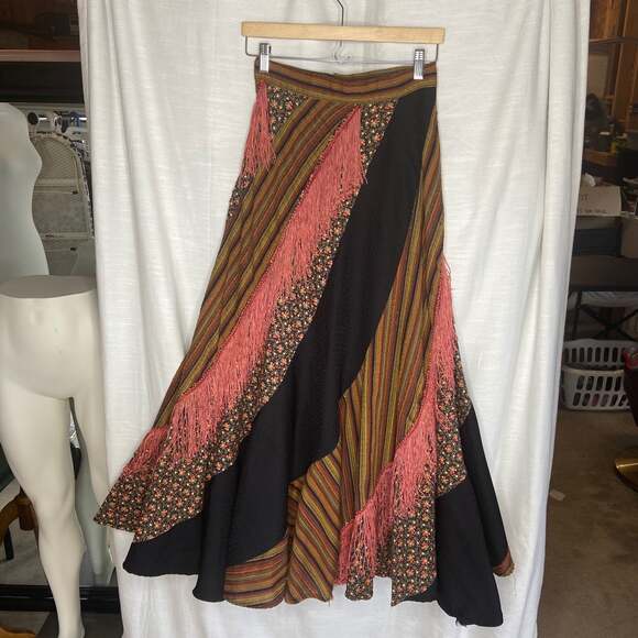 Handmade Vintage Style Boho Full Floral Skirt with Fringe - Picture 8 of 9